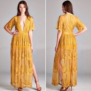 Honey Punch Mustard Yellow Low Cut Lace Dress with Shorts attached S